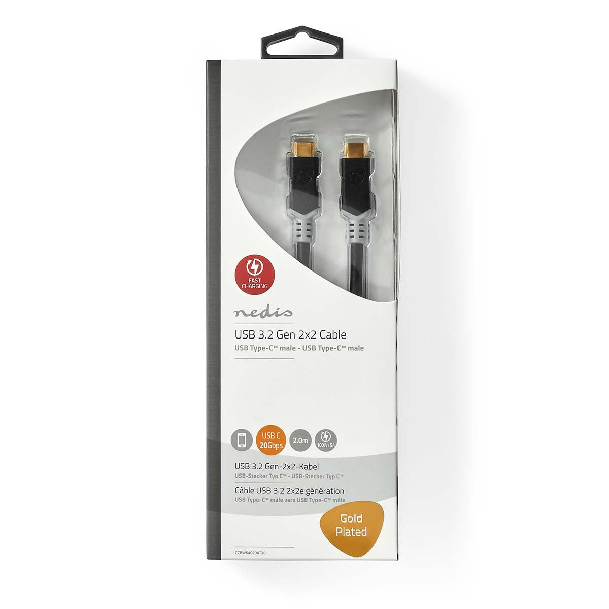 Cable USB | 3.2 Gen 2x2 Type-C Macho 20 Gbps 100 W Chapado en oro 2.00 m Redondo PVC Plata Caja de Ventana