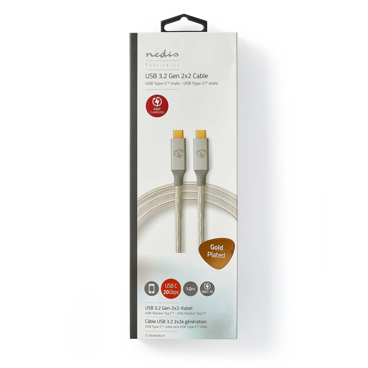 Cable USB | 3.2 Gen 2x2 Type-C Macho 20 Mbps 100 W Chapado en oro 1.00 m Redondo Nylon / Trenzado Plata