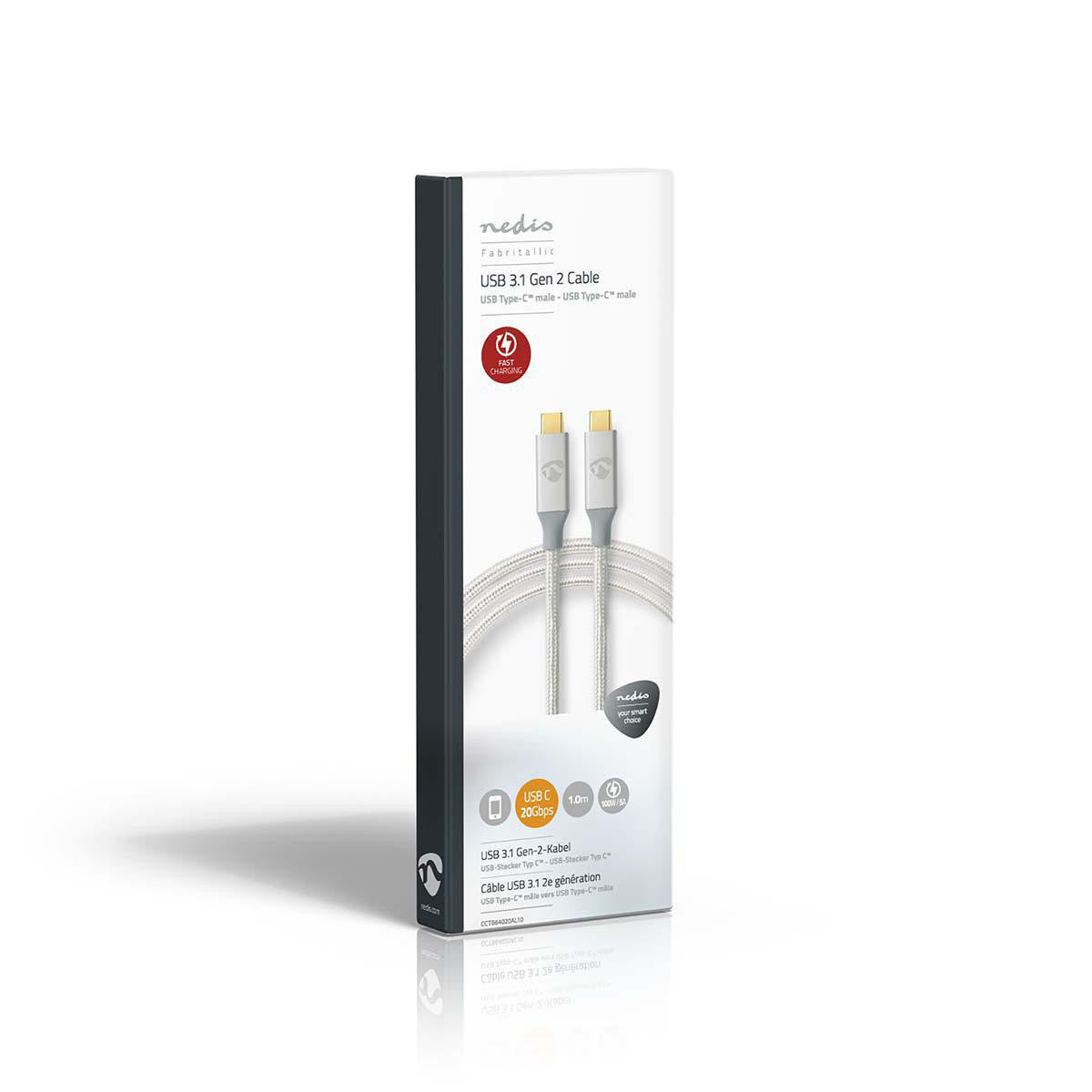 Cable USB | 3.2 Gen 2x2 Type-C Macho 20 Mbps 100 W Chapado en oro 1.00 m Redondo Nylon / Trenzado Plata