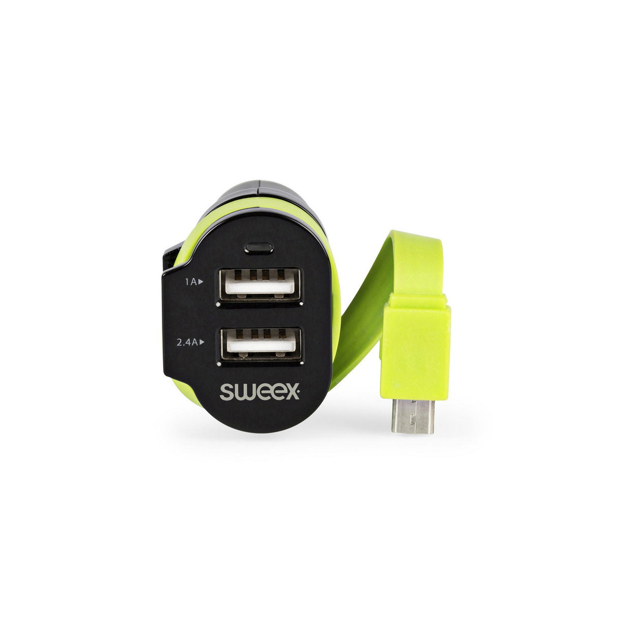 Carregador de isqueiro com 3 saídas de 6A, 2 x USB / Micro USB, preto/verde.