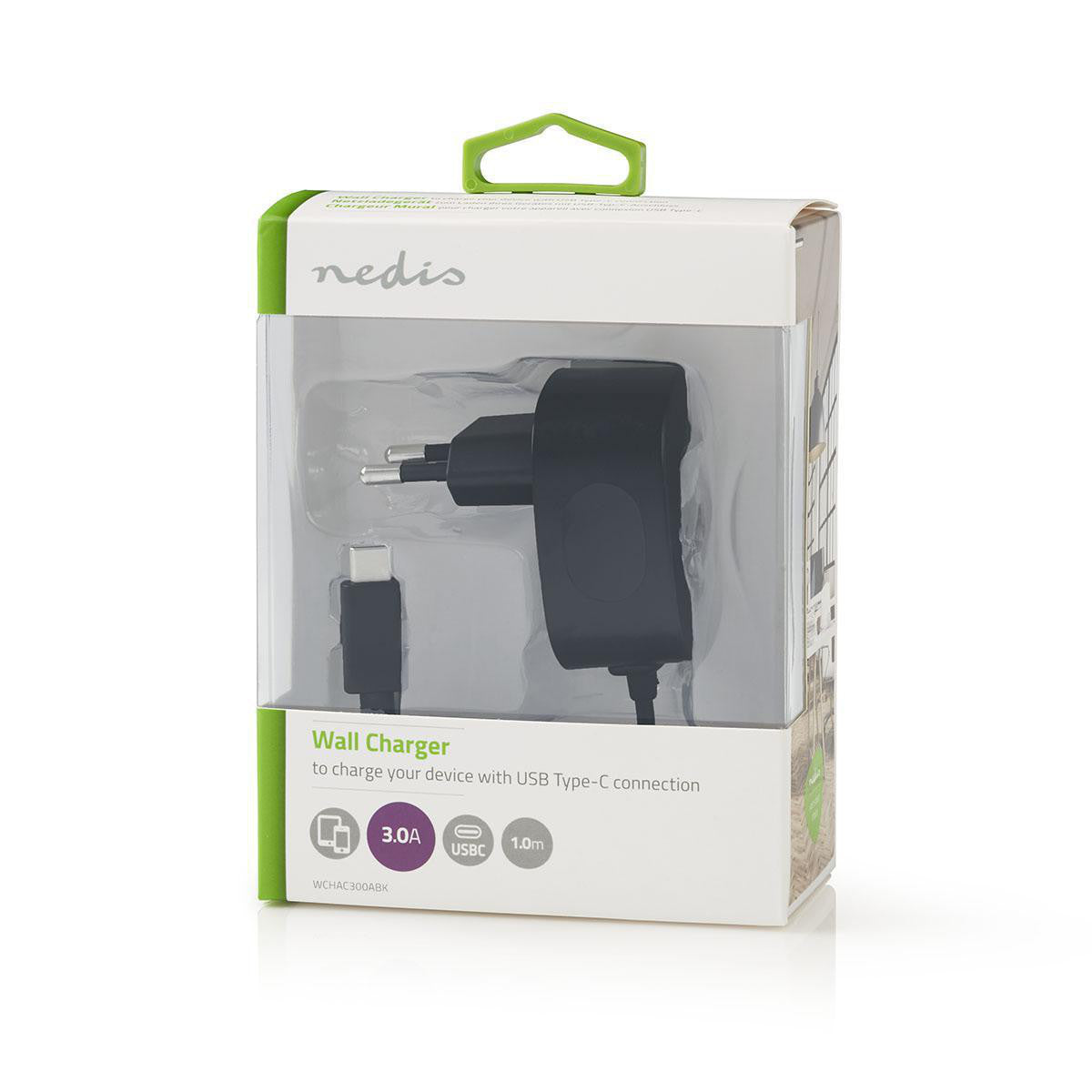 Wall Charger | 3.0 A Fixed USB-C Cable Black