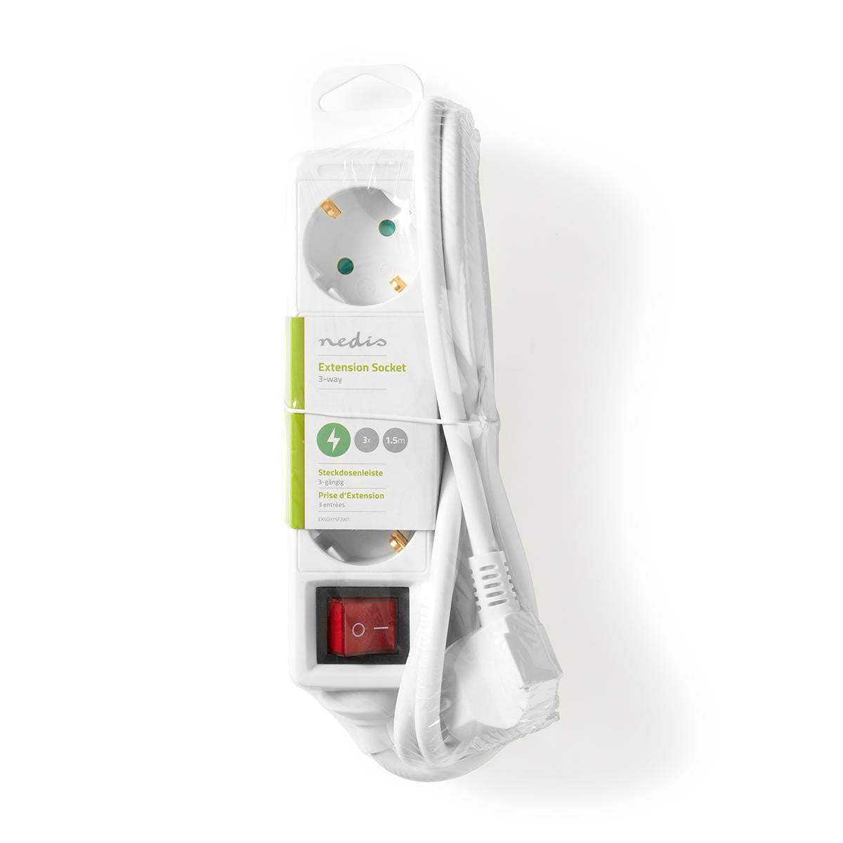 Régua de tomadas | 3 tomadas com proteção contra sobretensão e interruptor de ligar/desligar, 1,5 m, branca