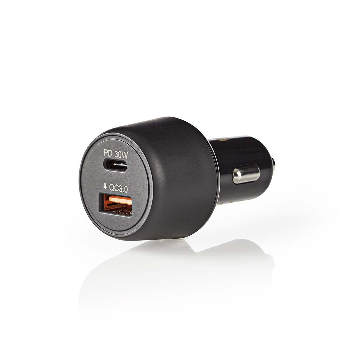 Carregador de isqueiro | Fonte de alimentação USB 3.0A (QC 3.0)/USB-C 30W preta