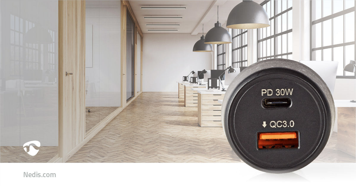 Carregador de isqueiro | Fonte de alimentação USB 3.0A (QC 3.0)/USB-C 30W preta