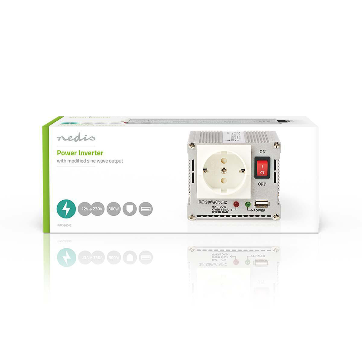 Modified Sine Wave Power Inverter | 12V DC - 230V AC 300W 1x Schuko Connector USB Output