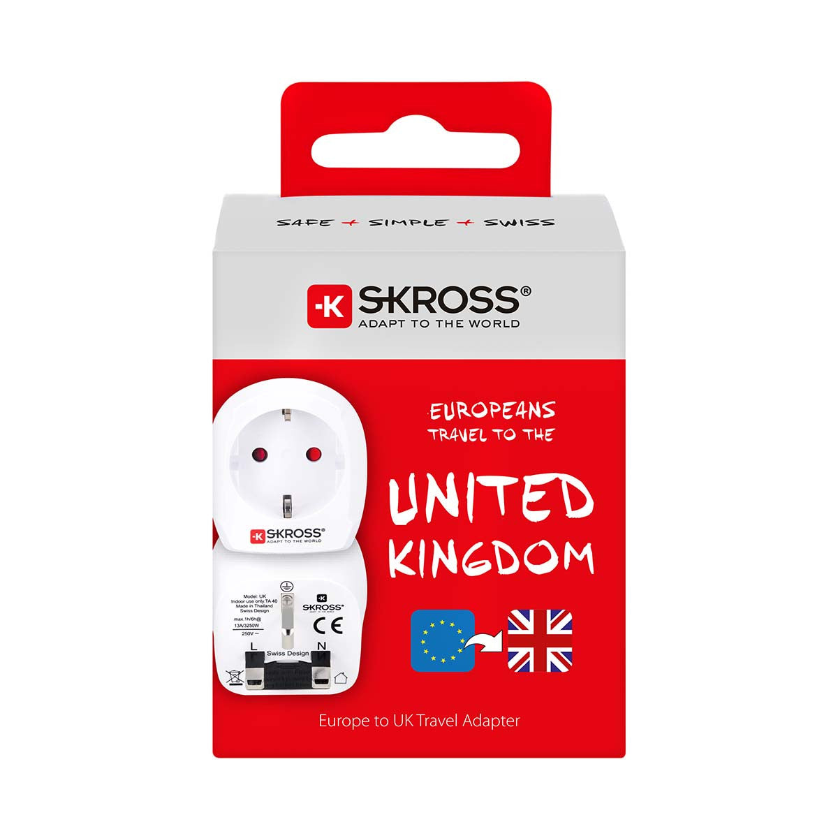 European Travel Adapter for the United Kingdom White Blister Pack