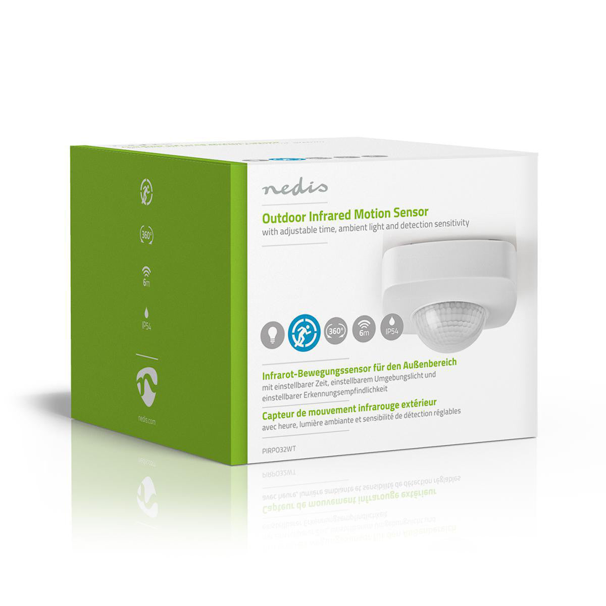 Detetor de movimento | Instalação exterior com 3 fios, definições de tempo, luz ambiente e sensibilidade.