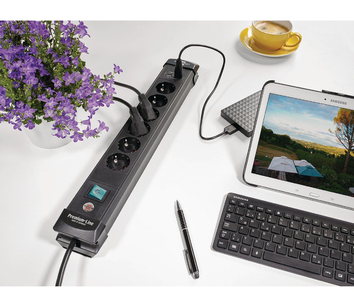 Premium-Line 6-socket power strip with switch and suspension device 3.00 m
