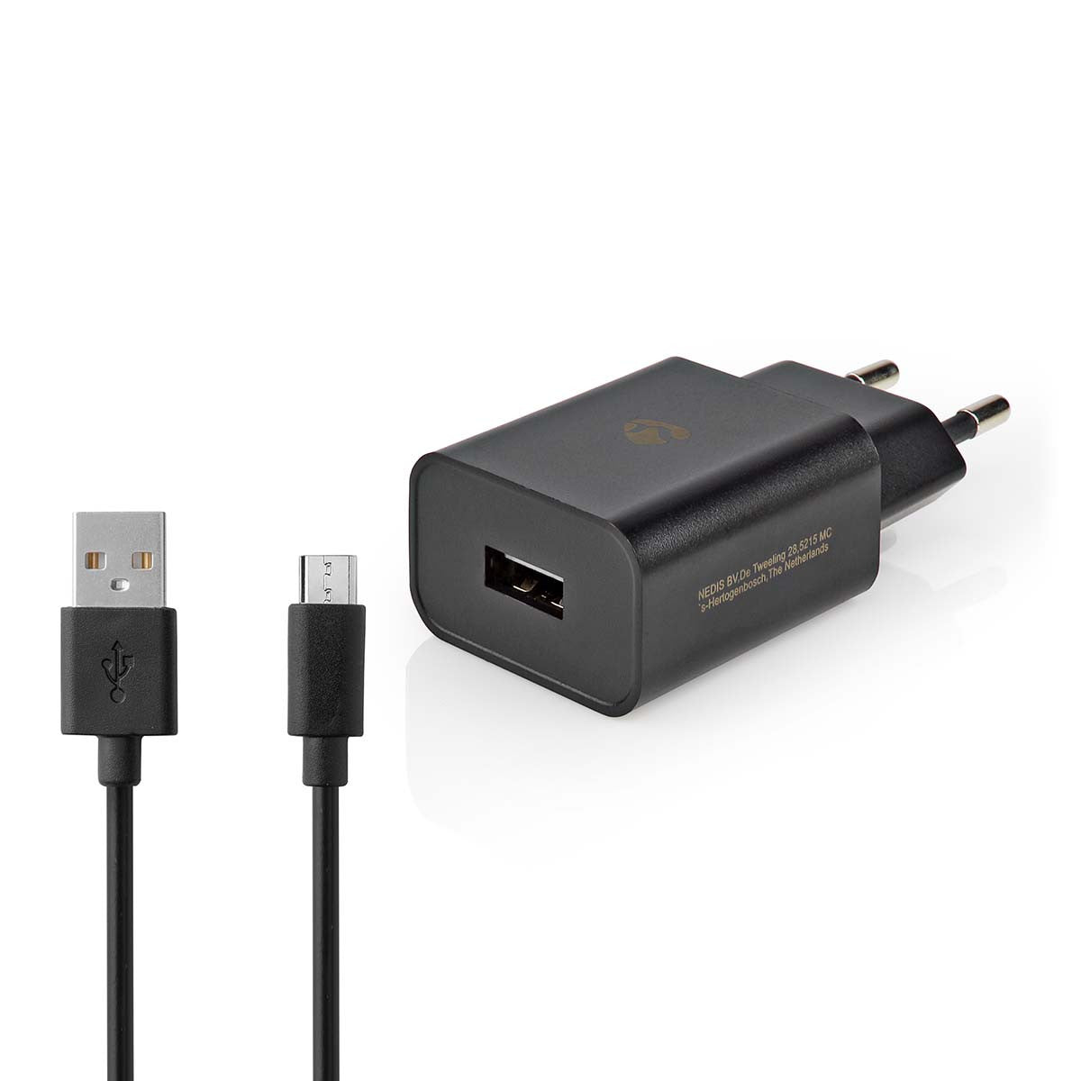 Kit com cabo microUSB de 1 m + carregador USB de 2,1 A em preto.