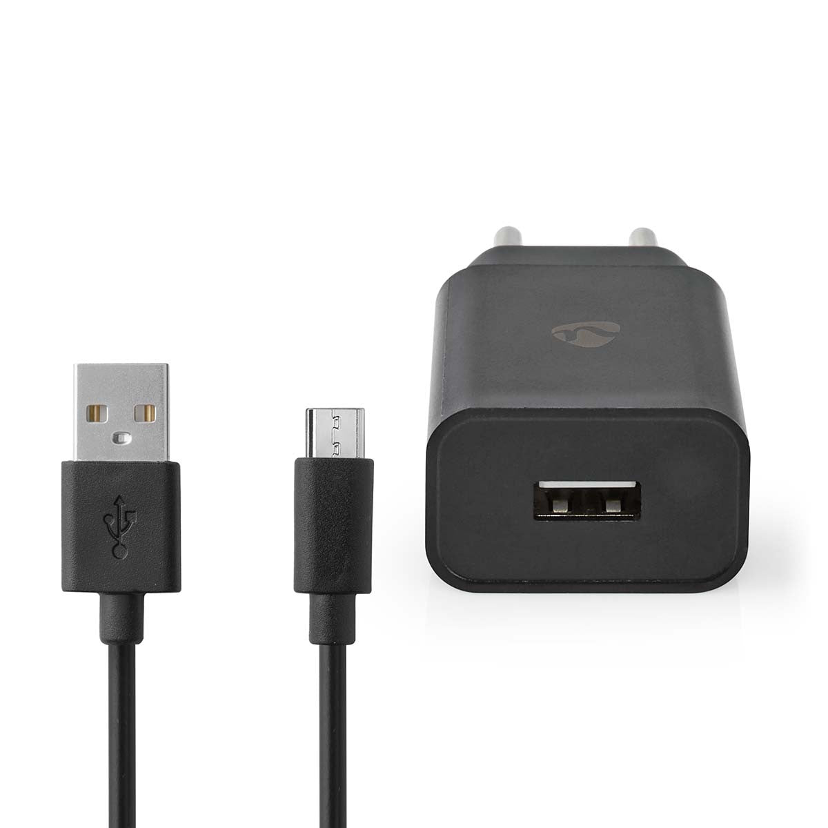 Kit com cabo microUSB de 1 m + carregador USB de 2,1 A em preto.