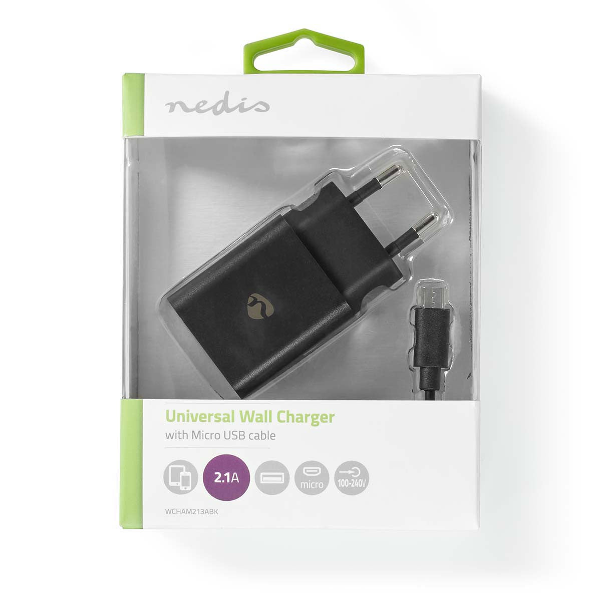 Kit com cabo microUSB de 1 m + carregador USB de 2,1 A em preto.