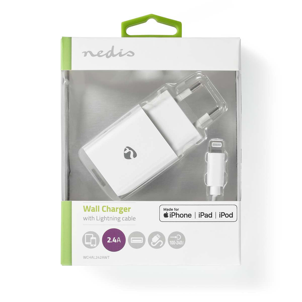 Wall Charger | 1 x 2.4 A Number of Outputs: 1 Port Type: USB-A Lightning 8-Pin (Loose) Cable 1.00 m 12 W