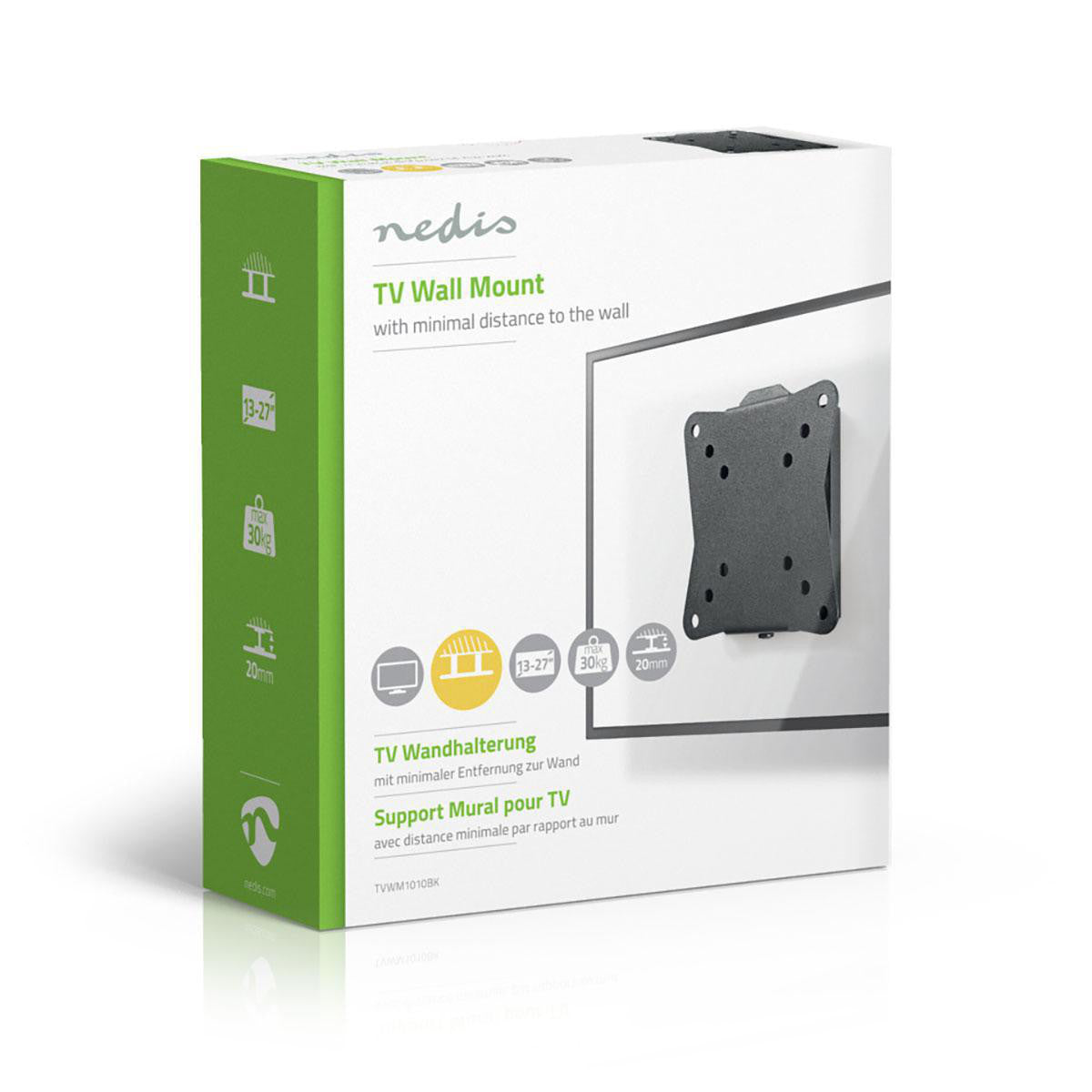 Suporte de parede fixo para TV | Compatível com ecrãs de 13 a 27 polegadas | Peso máximo do ecrã: 30 kg | Distância mínima à parede: 20 mm | Aço preto