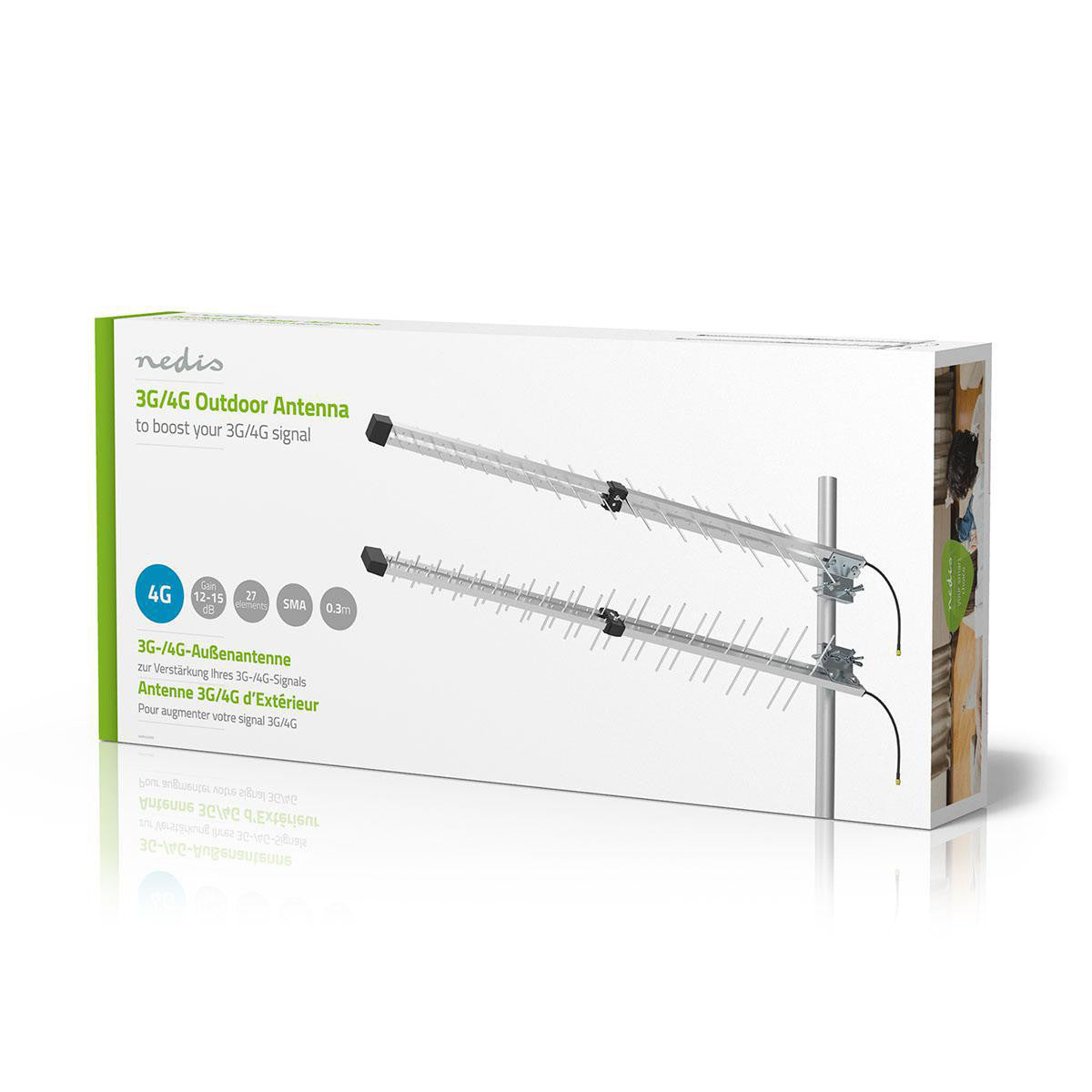 Antena exterior 3G/4G | Ganho máximo de 15 dBi | 698-960 MHz | 1710-2700 MHz | Alumínio