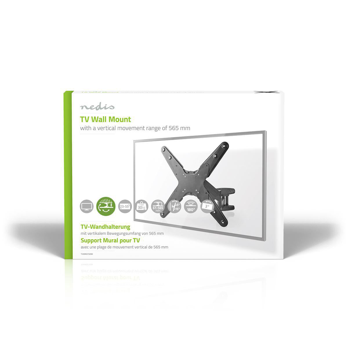 Vertical Wall Mount TV Bracket | 23-55" 30 kg Vertical Movement: 0-345 mm 61 565 0-180° 3 Pivot Points Steel / Plastic Black