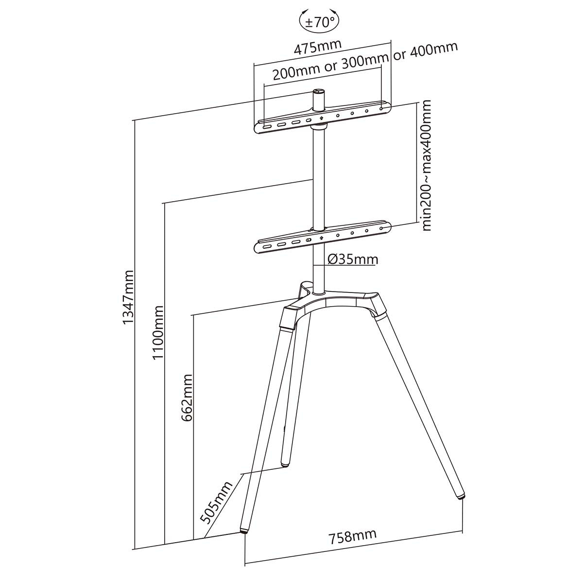 49 to 70" Floor TV Stand with V-vorm Scandinavian Design Rotating Steel and Aluminum Finish Black