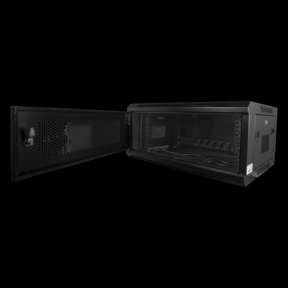 Wall Mount Rack Cabinet - Up to 6U 19" 60 Kg Load Capacity Mesh Panels on Front and Sides Ventilation Cable Entry Ports Power Strip