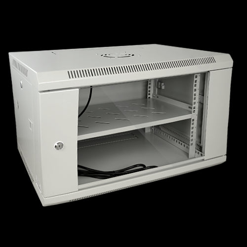 Rack de parede 6U de 19", capacidade de 60 kg, com ventilação e gestão de cabos, ventilador, tabuleiro incluídos, régua de alimentação com 6 tomadas, cinzento.