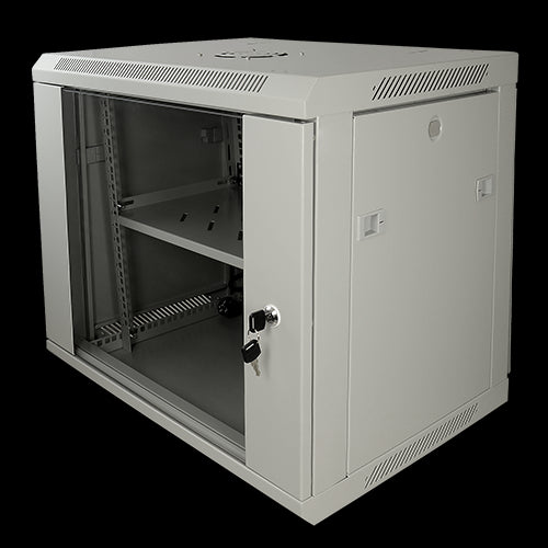 Rack de parede 9U de 19", capacidade de 100 kg, com gestão de cabos, ventilador, prateleira e régua de alimentação incluídos, alumínio, cinzento.