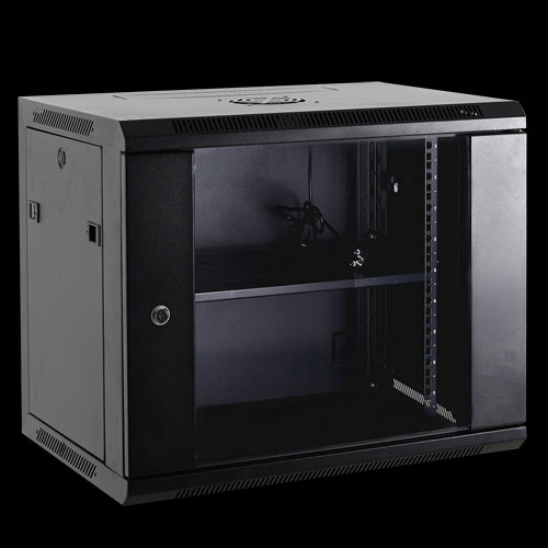 Rack de parede 9U de 19", capacidade de 100 kg, com gestão de cabos, ventoinha e tabuleiro incluídos, régua de alimentação em alumínio preto.