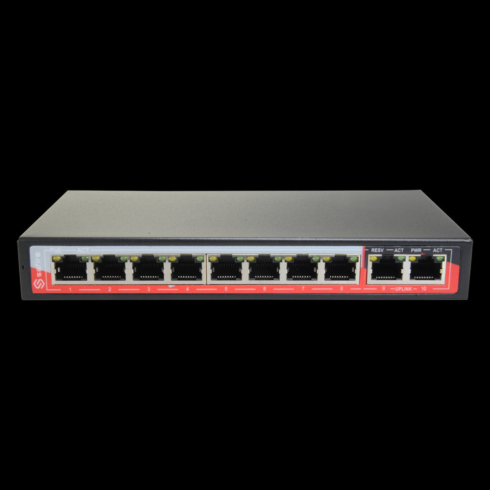 Switch PoE - 8 portas + 2 uplinks RJ45, velocidade 10/100 Mbps. Funções: Ai Vlan/QoS/CFTV Extend/PoE. Norma IEEE 802.3at (PoE).