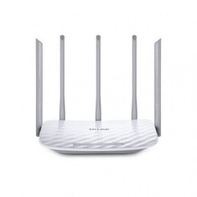 Router sem fios TP-Link Archer C60 - AC1350 802.11 AC/N/A/B/G/N com 5 antenas, 1 cabo WAN e 4 cabos LAN.
