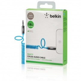 Cabo espiralado com conector de 3,5 mm/macho de 1,8 m na cor azul.