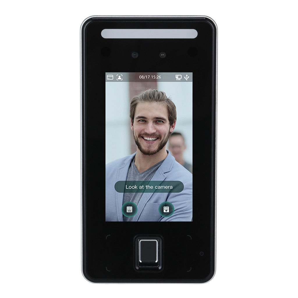 Leitor independente com ecrã táctil LCD de 4,3 polegadas, reconhecimento facial, PIN, cartão e impressão digital.