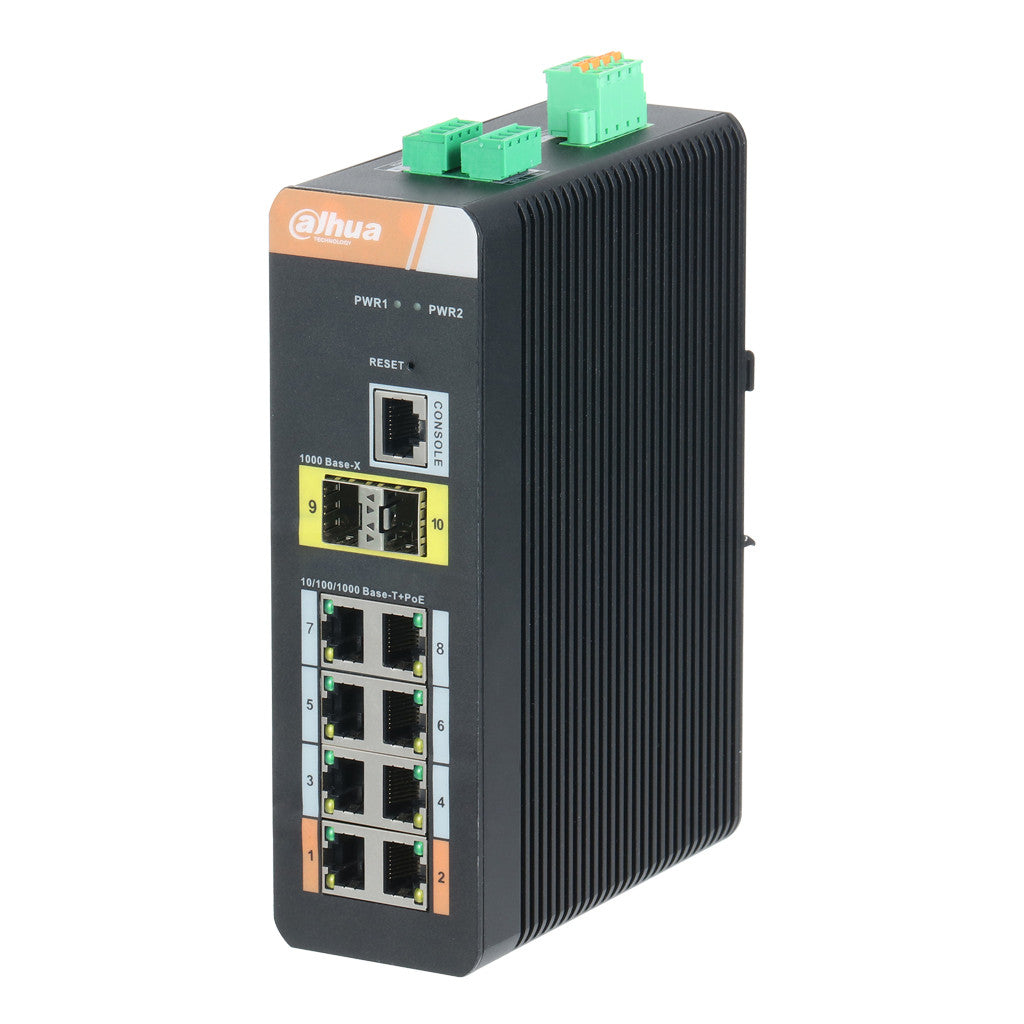 Switch industrial com 8 portas Gigabit PoE + 2 portas Gigabit SFP gerenciáveis de camada 2.