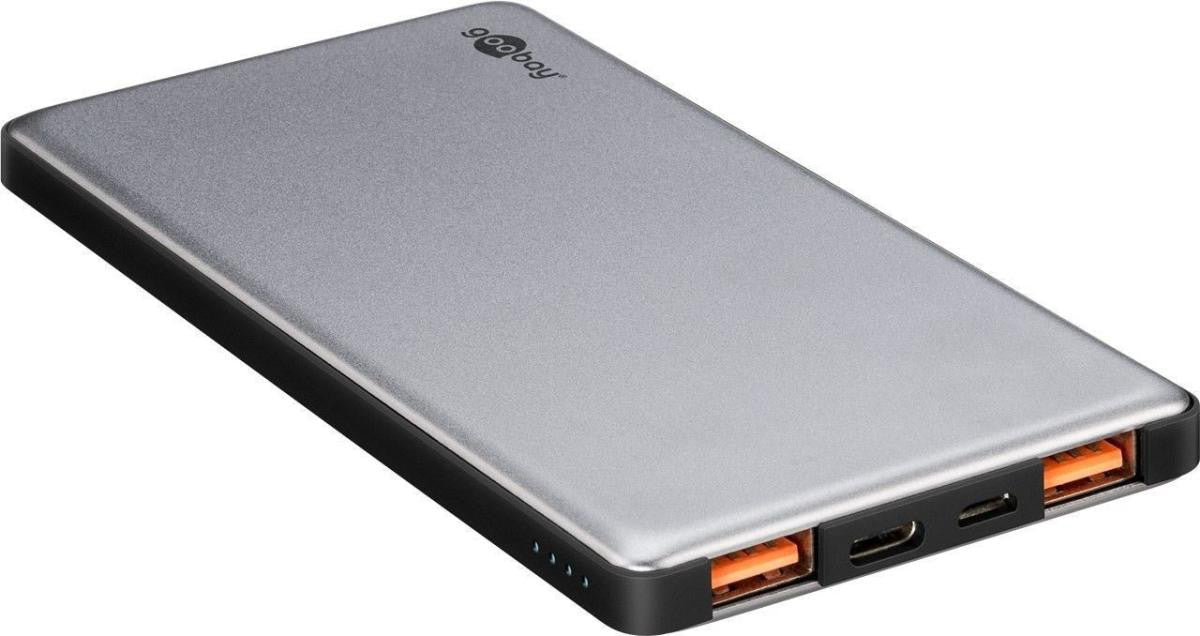 Bateria externa de 5000mAh com carregamento rápido e saídas duplas USB e USB-C.