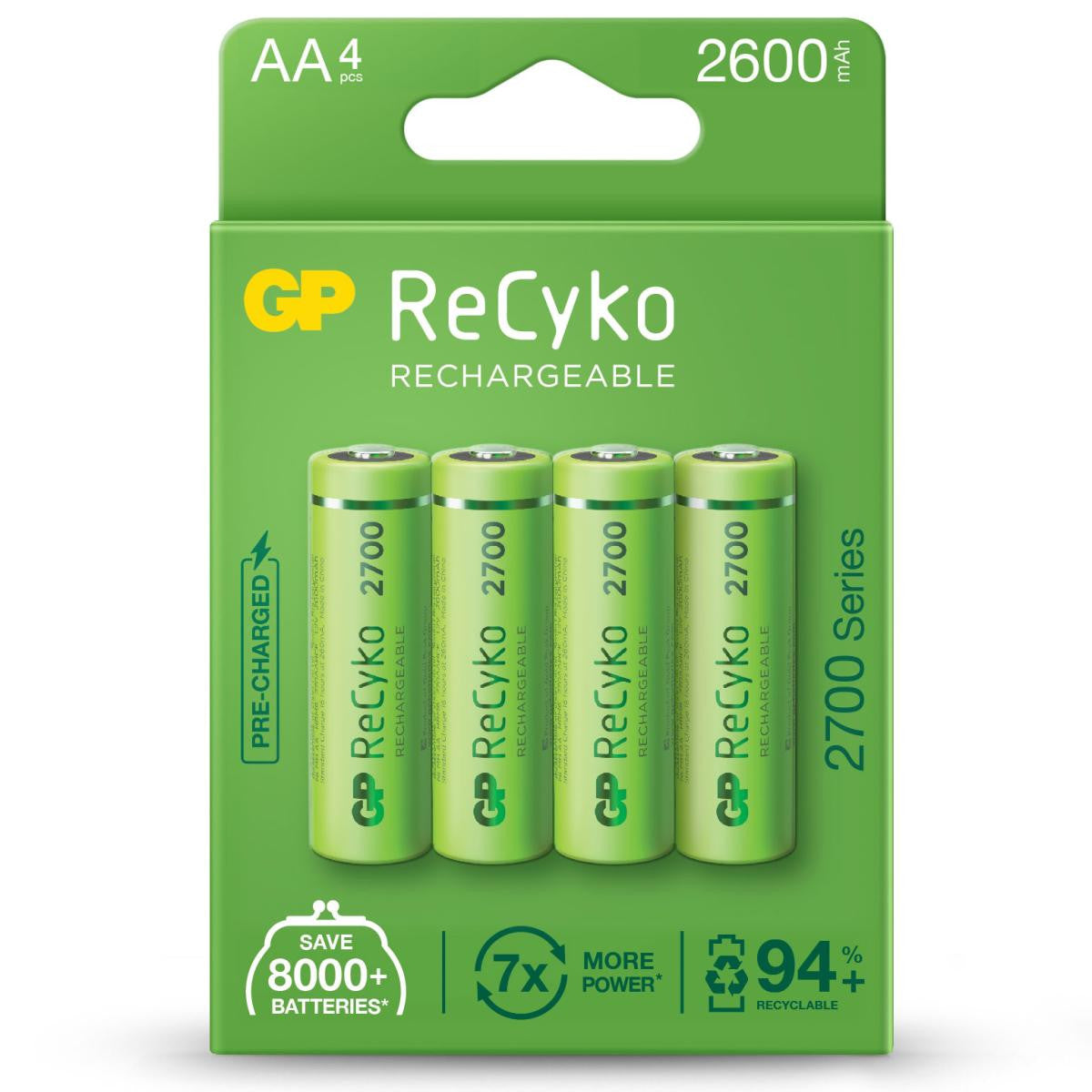 Pack of 4 AA rechargeable batteries with a capacity of 2600mAh.