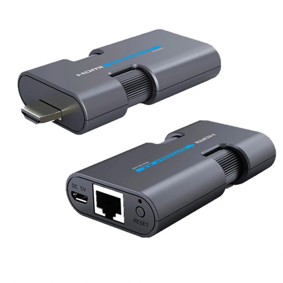Mini extensor HDMI sobre UTP Cat 6 com alcance até 50m, fácil instalação.