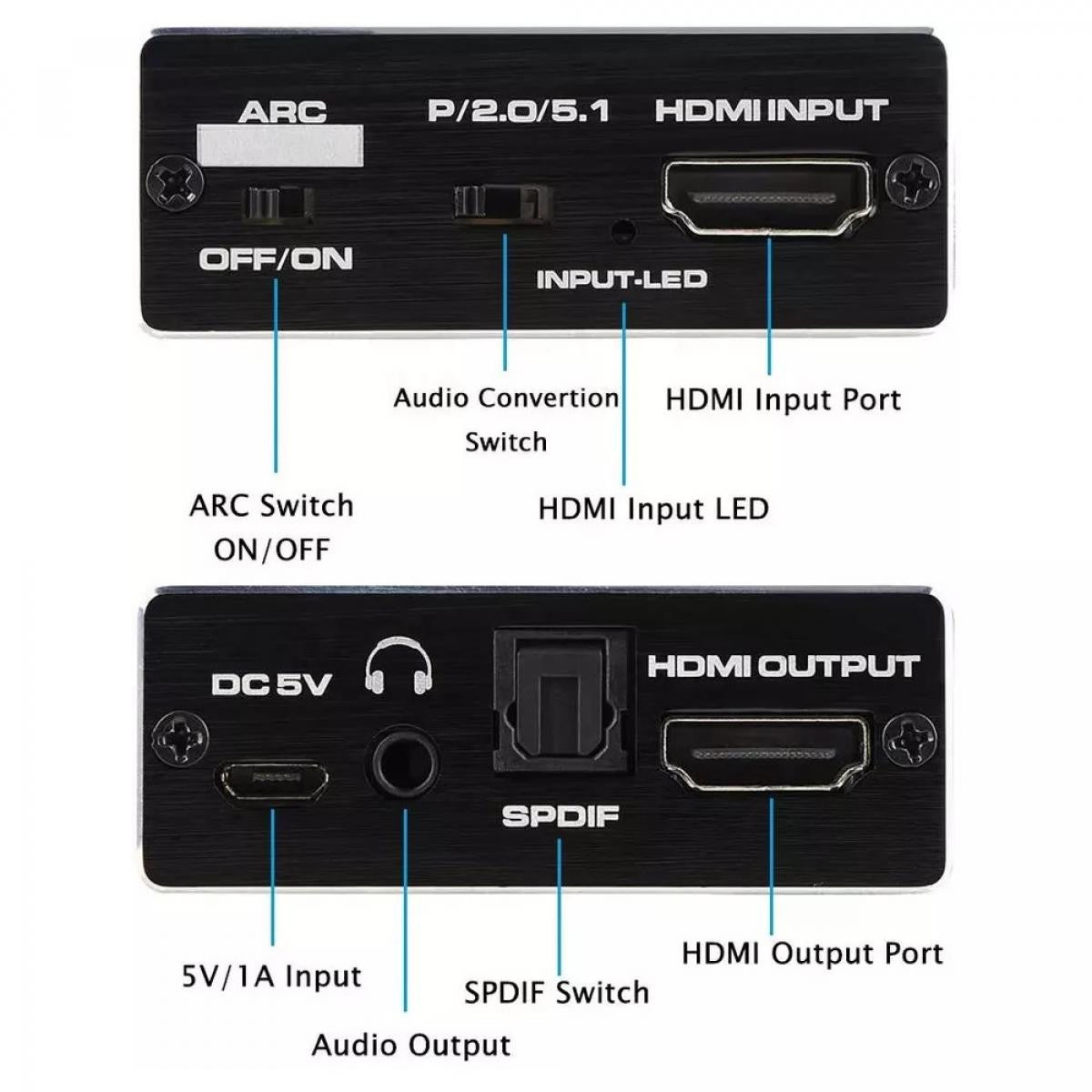 Extrator de áudio HDMI 4K@60Hz para áudio analógico e digital - Preto