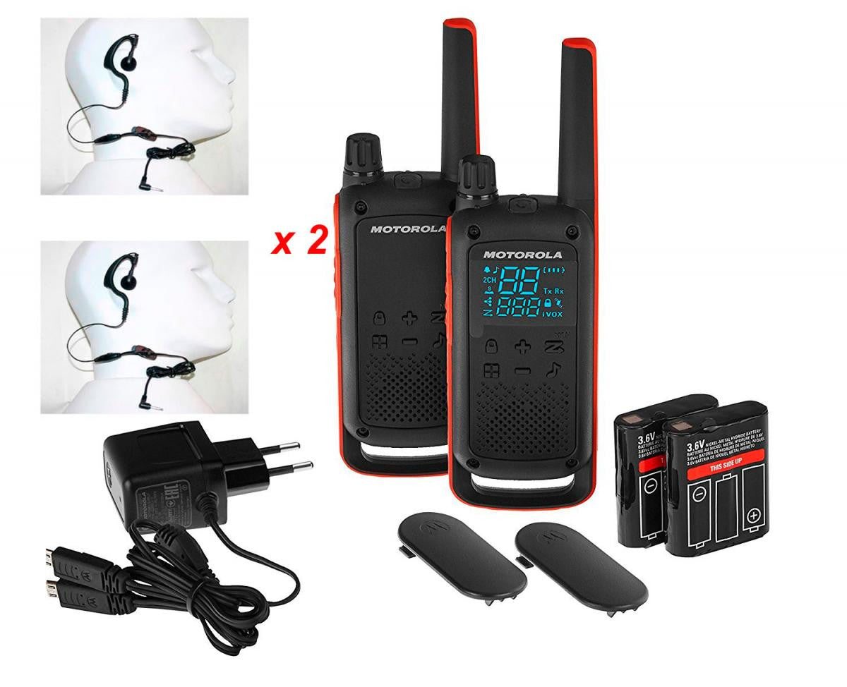 MOTOROLA TLKR T82-KIT 1 par de walkie-talkies sem licença + 2 auscultadores