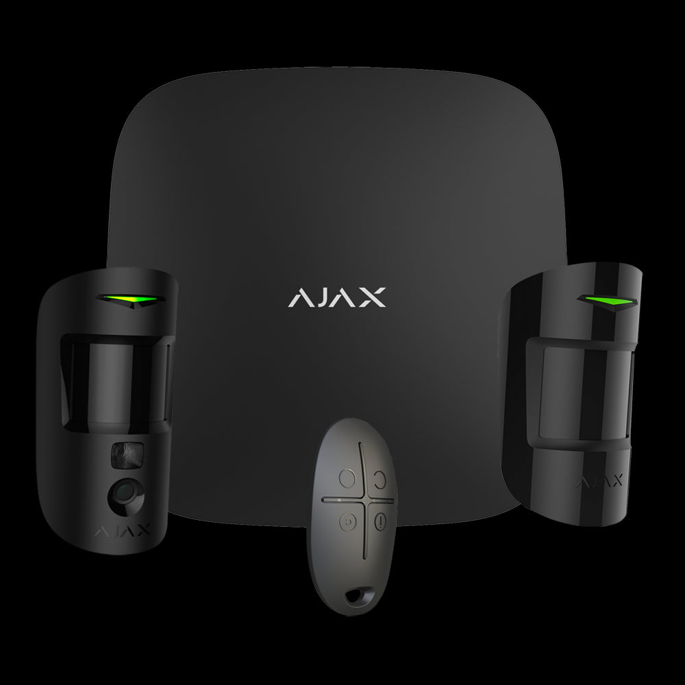 Kit de alarme profissional com Ethernet e dual SIM, GPRS, inclui Ajax Hub 2, 1 PIRCAM - 1 detector PIR e 1 comando à distância preto.