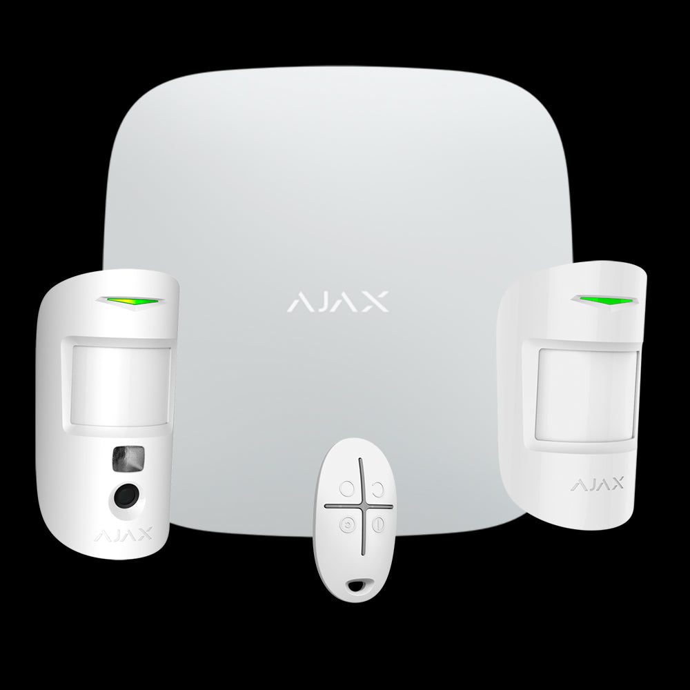 Kit de alarme profissional com Ethernet e dual SIM, GPRS, inclui Ajax Hub 2, 1 PIRCAM - 1 detector PIR e 1 comando à distância branco.