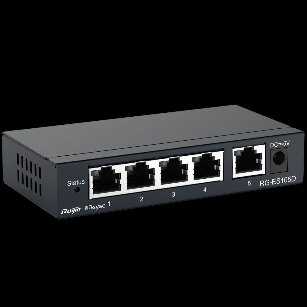 Switch de secretária Reyee com caixa metálica, 5 portas RJ45 e velocidade de 10/100 Mbps