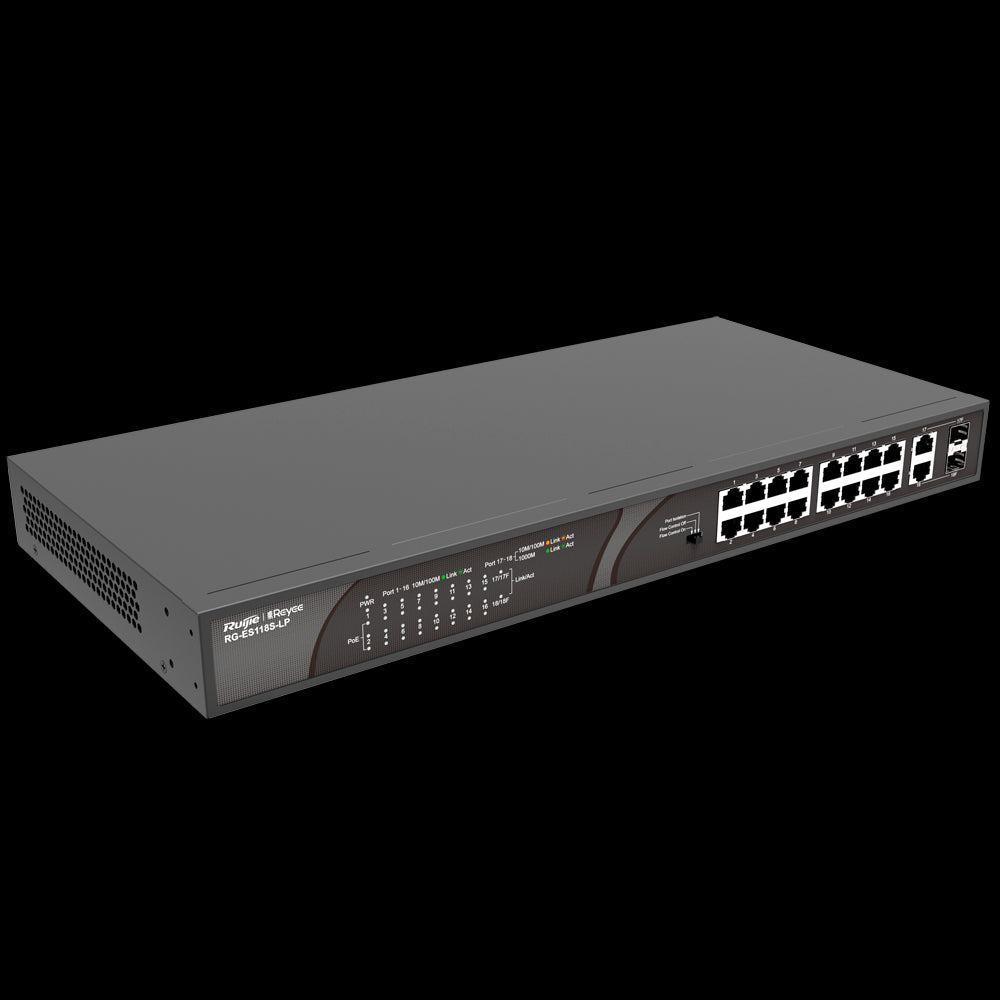 Switch PoE de secretária Reyee com caixa metálica, 16 portas RJ45 10/100 Mbps + 2 uplinks Gigabit