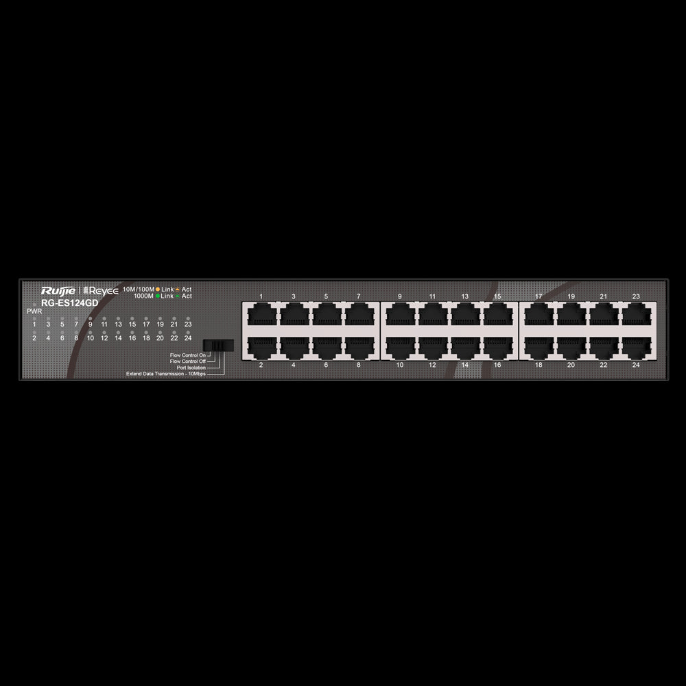 Switch de secretária Gigabit Reyee de 24 portas com caixa metálica e suporte para rack.