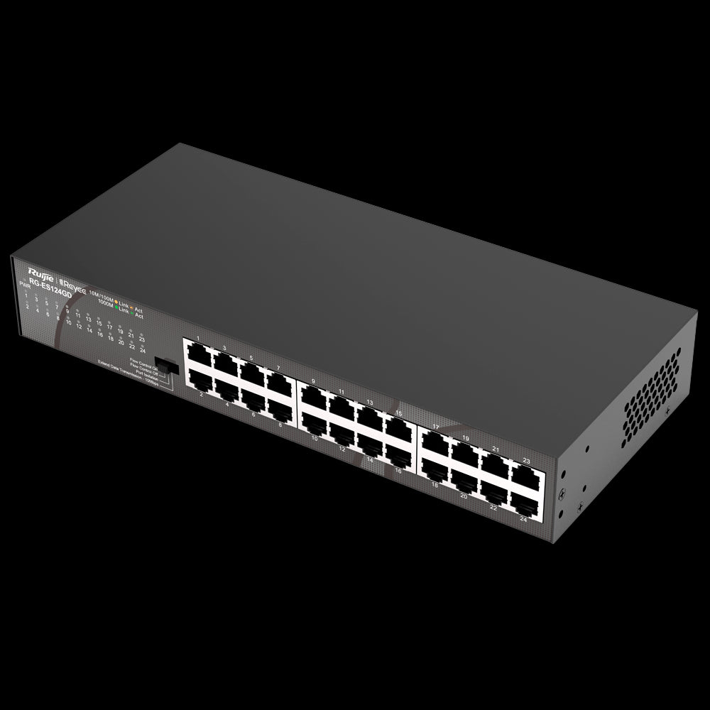 Switch de secretária Gigabit Reyee de 24 portas com caixa metálica e suporte para rack.
