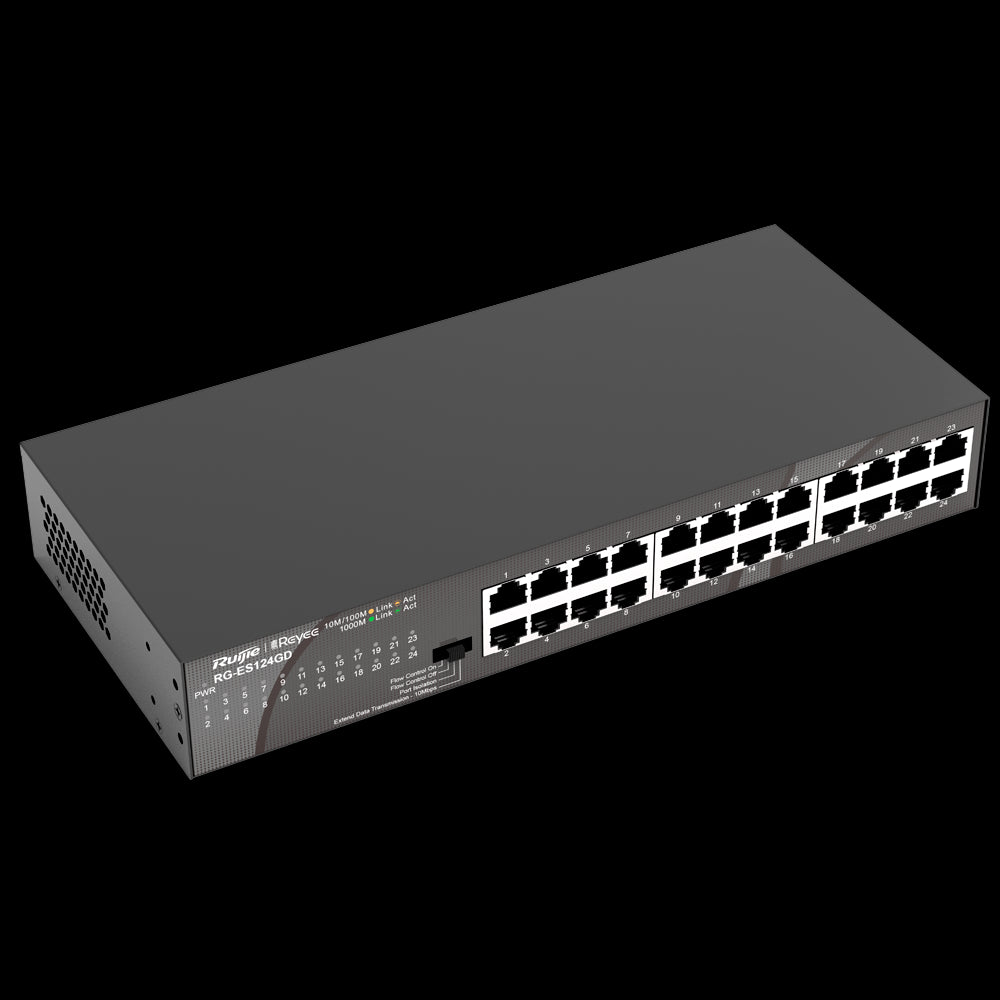 Switch de secretária Gigabit Reyee de 24 portas com caixa metálica e suporte para rack.