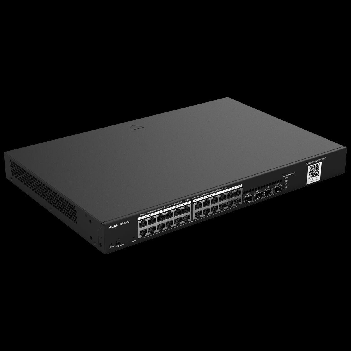 Switch Reyee PoE Cloud Layer 2 com 24 portas Gigabit+ PoE, 4 SFPs, até 370W, para montagem em rack.
