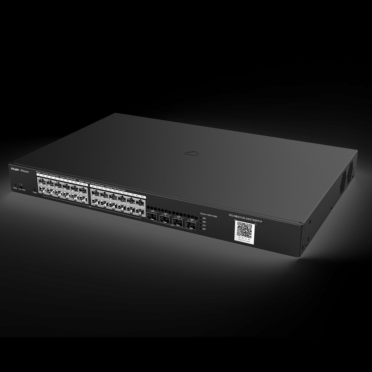 Switch Reyee PoE Cloud Layer 2 com 24 portas Gigabit+ PoE, 4 SFPs, até 370W, para montagem em rack.