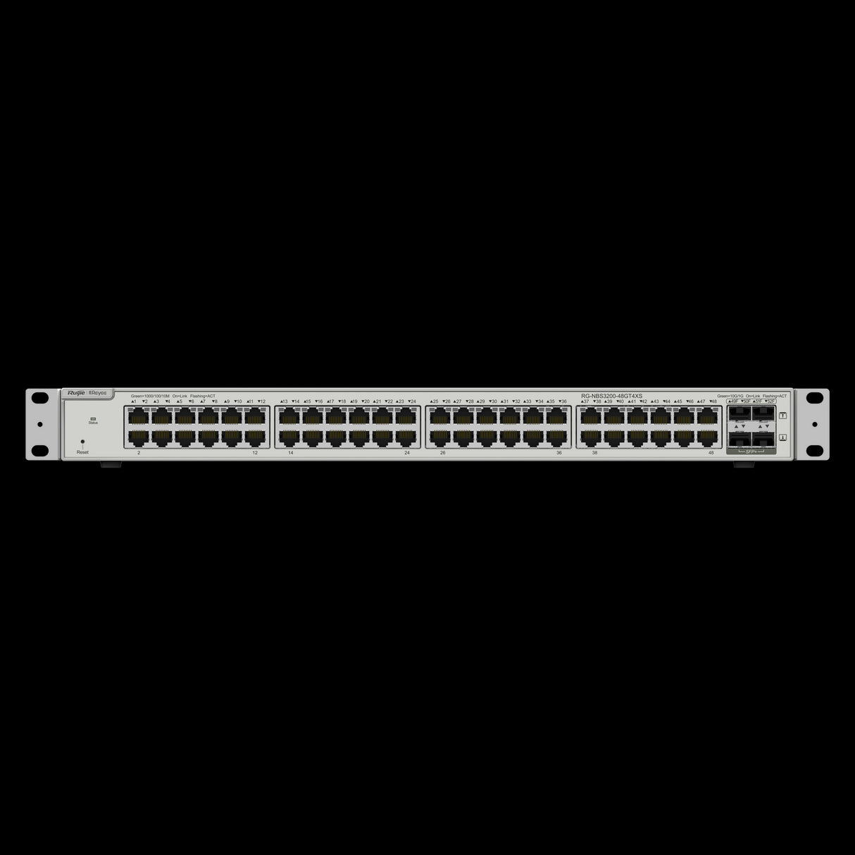 Switch Reyee Cloud Layer 2+ com 48 portas Gigabit RJ45 e 4 portas SFP+ de 10 Gbps para montagem em rack.