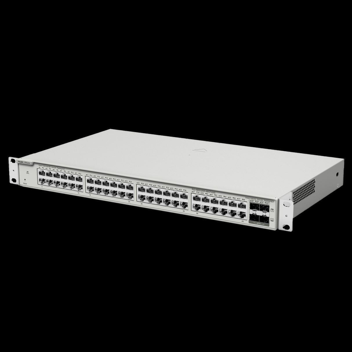 Switch Reyee Cloud Layer 2+ com 48 portas Gigabit RJ45 e 4 portas SFP+ de 10 Gbps para montagem em rack.