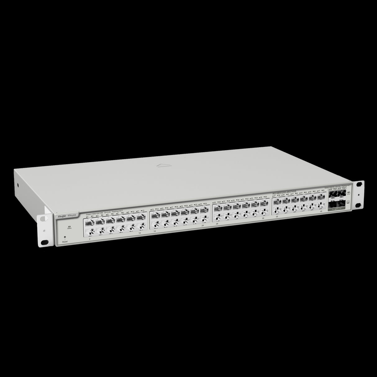Switch Reyee Cloud Layer 2+ com 48 portas Gigabit RJ45 e 4 portas SFP+ de 10 Gbps para montagem em rack.