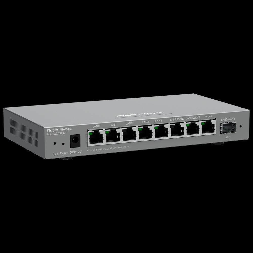 Router gerenciável Reyee com 8 portas RJ45 10/100/1000 Mbps e 1 porta SFP LAN/WAN.