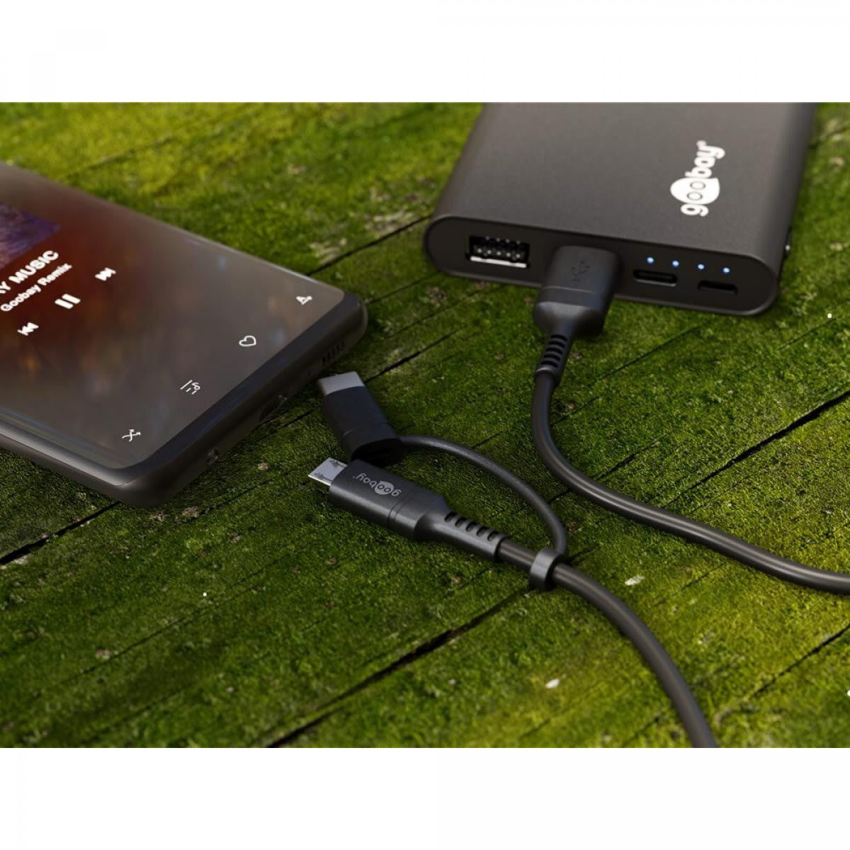 1-in-1 USB cable for charging and syncing with USB A to Micro-USB connector and 1m USB-C adapter