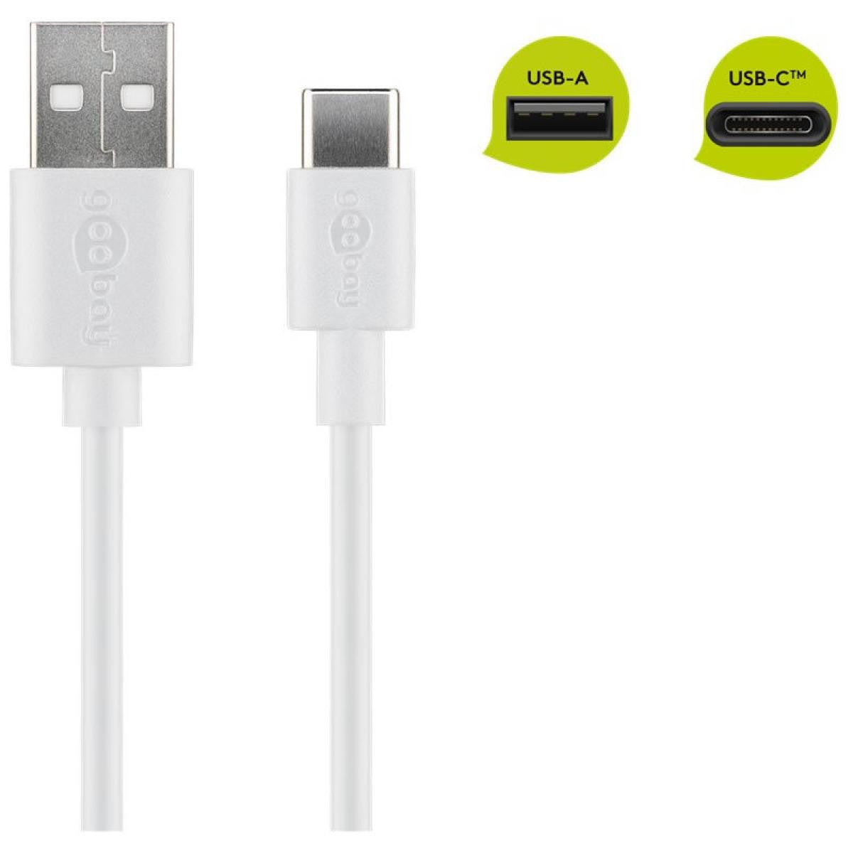 Cabo USB-C para USB-A macho branco de 2 m para carregamento e sincronização