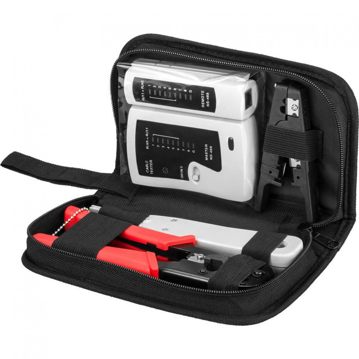 Mini network tool kit with tester, crimper, wire stripper and inserter